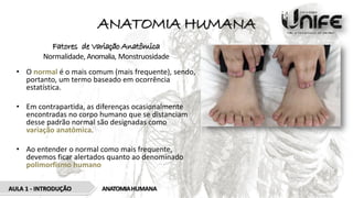 ANATOMIA HUMANA
Fatores de Variação Anatômica
Normalidade, Anomalia, Monstruosidade
• O normal é o mais comum (mais frequente), sendo,
portanto, um termo baseado em ocorrência
estatística.
• Em contrapartida, as diferenças ocasionalmente
encontradas no corpo humano que se distanciam
desse padrão normal são designadas como
variação anatômica.
• Ao entender o normal como mais frequente,
devemos ficar alertados quanto ao denominado
polimorfismo humano
AULA 1 - INTRODUÇÃO ANATOMIAHUMANA
 