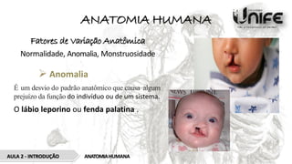ANATOMIA HUMANA
Fatores de Variação Anatômica
Normalidade, Anomalia, Monstruosidade
 Anomalia
É um desvio do padrão anatômico que causa algum
prejuízo da função do indivíduo ou de um sistema.
O lábio leporino ou fenda palatina .
AULA 2 - INTRODUÇÃO ANATOMIAHUMANA
 