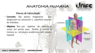ANATOMIA HUMANA
Planos de Delimitação
• Conceito: São planos imaginários que
tangenciam ou seccionam a superfície corporal
do indivíduo.
• Objetivo: Têm por objetivo de separar o
corpo em partes para facilitar o estudo e
nomear as estruturas anatômicas com relação
espacial.
ANATOMIAHUMANA
AULA 2 - INTRODUÇÃO
 