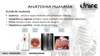 ANATOMIA HUMANA
Divisão da Anatomia
 Sistêmica: estuda o corpo mediante uma divisão por sistemas;
 Topográfica ou regional: estuda o corpo mediante uma divisão de segmentos;
 Clínica: estuda o corpo através exames de imagens;
 Palpatória ou superfície: estudo através do toque.
AULA 2 - INTRODUÇÃO ANATOMIAHUMANA
 