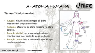 ANATOMIA HUMANA
Termos De Movimentos
• Adução: movimento na direção do plano
mediano em um plano coronal.
• Abdução: afastar-se do plano mediano no plano
coronal.
• Rotação Medial: traz a face anterior de um
membro para mais perto do plano mediano.
• Rotação Lateral: leva a face anterior para longe
do plano mediano
ANATOMIAHUMANA
AULA 2 - INTRODUÇÃO
 