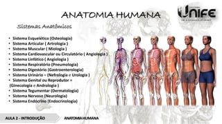 ANATOMIA HUMANA
AULA 2 - INTRODUÇÃO ANATOMIAHUMANA
Sistemas Anatômicos
• Sistema Esquelético (Osteologia)
• Sistema Articular ( Artrologia )
• Sistema Muscular ( Miologia )
• Sistema Cardiovascular ou Circulatório ( Angiologia )
• Sistema Linfático ( Angiologia )
• Sistema Respiratório (Pneumologia)
• Sistema Digestório (Gastroenterologia)
• Sistema Urinário = (Nefrologia e Urologia )
• Sistema Genital ou Reprodutor =
(Ginecologia e Andrologia )
• Sistema Tegumentar (Dermatologia)
• Sistema Nervoso (Neurologia)
• Sistema Endócrino (Endocrinologia)
 