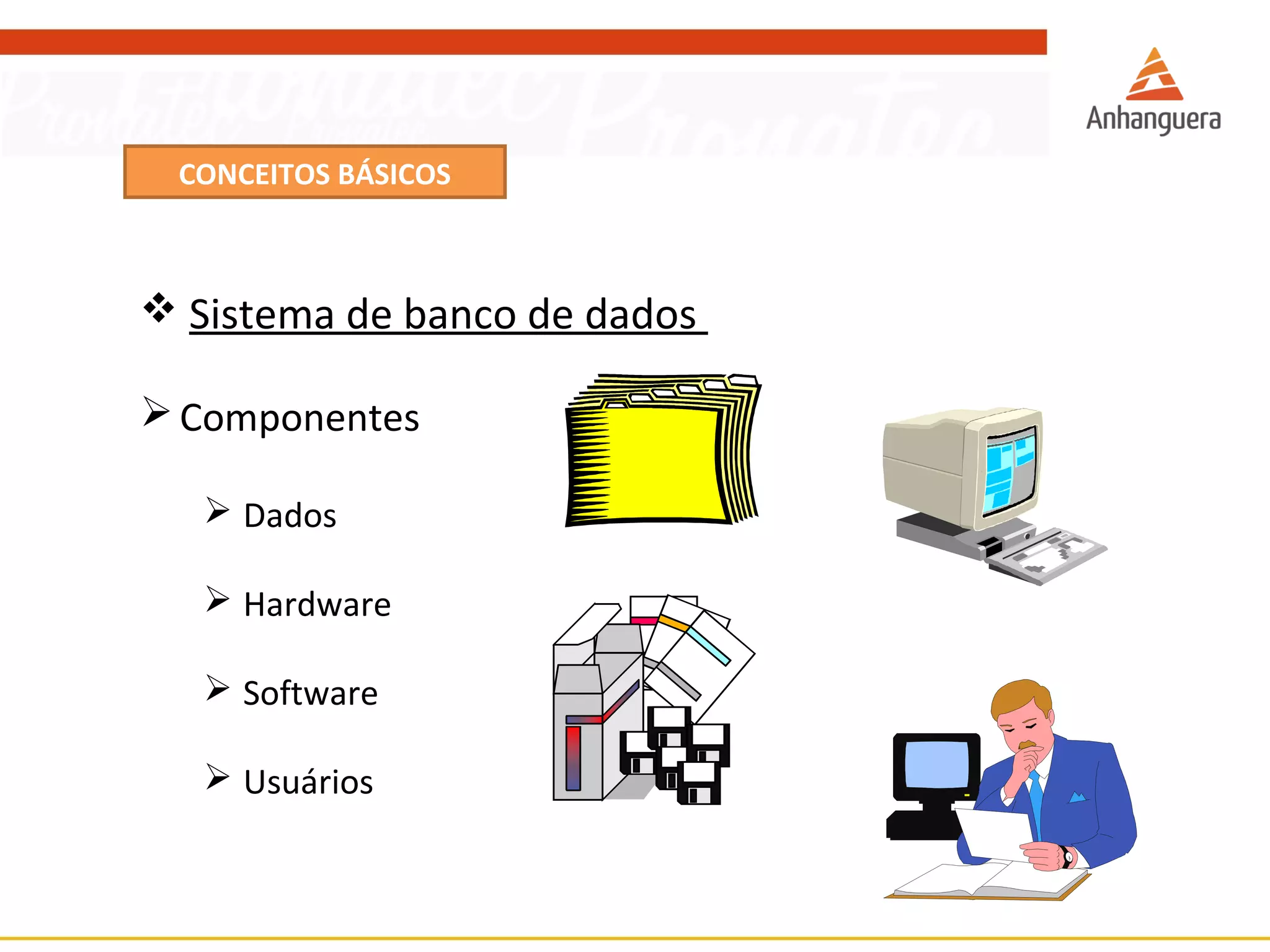 CONCEITOS BÁSICOS 
 Sistema de banco de dados 
Componentes 
 Dados 
 Hardware 
 Software 
 Usuários 
 