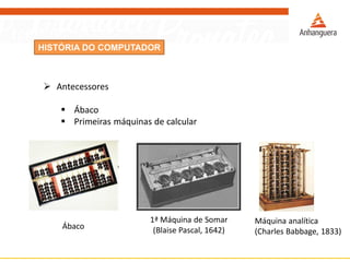 HISTÓRIA DO COMPUTADOR
 Antecessores
 Ábaco
 Primeiras máquinas de calcular
Ábaco
1ª Máquina de Somar
(Blaise Pascal, 1642)
Máquina analítica
(Charles Babbage, 1833)
 