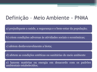 Definição – Meio Ambiente - PNMA
a) prejudiquem a saúde, a segurança e o bem-estar da população;

b) criem condições adversas às atividades sociais e econômicas;
c) afetem desfavoravelmente a biota;
d) afetem as condições estéticas ou sanitárias do meio ambiente
e) lancem matérias ou energia em desacordo com os padrões
ambientais estabelecidos;

 