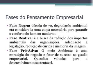 Fases do Pensamento Empresarial
• Fase Negra: década de 70, degradação ambiental
era considerada uma etapa necessária para garantir
o conforto do homem moderno.
• Fase Reativa: è a busca da redução dos impactos
ambientais das organizações. Adequação a
legislação, redução de custos e melhoria da imagem.
• Fase Pró-Ativa: O meio Ambiente é uma
estratégia do negocio e fator de sucesso na gestão
empresarial.
Questões
voltadas
para
o
desenvolvimento sustentável.

 
