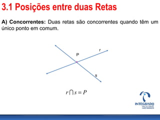 3.1 Posições entre duas Retas
A) Concorrentes: Duas retas são concorrentes quando têm um
único ponto em comum.
P
r
s
Psr =
 