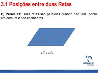 B) Paralelas: Duas retas são paralelas quando não têm ponto
em comum e são coplanares.
∅=sr 
3.1 Posições entre duas Retas
 