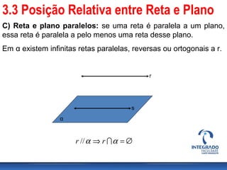 C) Reta e plano paralelos: se uma reta é paralela a um plano,
essa reta é paralela a pelo menos uma reta desse plano.
Em α existem infinitas retas paralelas, reversas ou ortogonais a r.
s
r
α
∅=⇒ αα rr //
3.3 Posição Relativa entre Reta e Plano
 