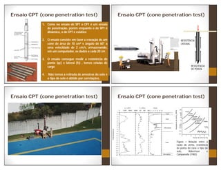 Ensaio CPT (cone penetration test)
1. Como no ensaio de SPT o CPT é um ensaio
de penetração, porém enquanto o de SPT é
dinâmico, o de CPT é estático
2. O ensaio consiste em fazer a cravação de um
cone de área de 10 cm² e ângulo de 60° a
uma velocidade de 2 cm/s, armazenando,
em um computador, os dados a cada 20 cm
3. O ensaio consegue medir a resistência de
ponta (qc) e lateral (fs) , temos células de
carga
4. Não temos a retirada de amostras do solo e
o tipo de solo é obtido por correlações.
Ensaio CPT (cone penetration test)
RESISTÊNCIA
LATERAL
RESISTÊNCIA
DE PONTA
Ensaio CPT (cone penetration test) Ensaio CPT (cone penetration test)
Figura Relação entre a
razão de atrito, resistência
de ponta do cone e tipo de
solo. Robertson e
Campanella (1983)
 