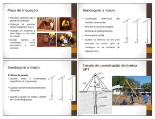 Poço de inspeção
Permitem examinar solo e
parede da escavação.
Obtenção de amostras
indeformadas tipo bloco e
Avançam até encontrar o
nível ou até onde
for estável.
Grande número de
correlações entre
parâmetros e custo
acessível.
Sondagem a trado
Classificação táctil-visual das
camadas atravessadas
Retirada de amostra amolgada
Definição de Perfil geotécnico
Profundidade do NA;
Auxiliar na abertura do furo para
execução de outros tipos de
sondagens ou na instalação de
equipamentos.
Sondagem a trado
Critérios de parada:
Quando existir a profundidade
especificada na programação;
Quando ocorrerem desmoronamentos
sucessivos
Quando o avanço for inferior a 50mm
em 10 min de operação
Ensaio de penetração dinâmica
SPT
 
