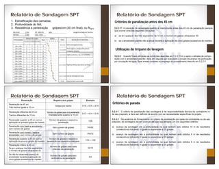 Relatório de Sondagem SPT
1. Estratificação das camadas;
2. Profundidade do NA;
3. Resistência a penetração golpes/cm (30 cm final), ou NSPT.
Relatório de Sondagem SPT
Critérios de paralização antes dos 45 cm
Utilização do trépano de lavagem
Relatório de Sondagem SPT Relatório de Sondagem SPT
Critérios de parada
 