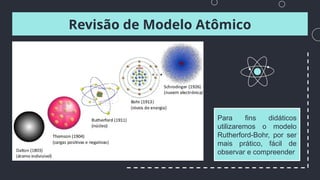 Revisão de Modelo Atômico
Para fins didáticos
utilizaremos o modelo
Rutherford-Bohr, por ser
mais prático, fácil de
observar e compreender
 