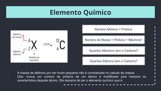 Elemento Químico
Número Atômico = Prótons
Número de Massa = Prótons + Nêutrons*
Quantos Nêutrons tem o Carbono?
Quantos Elétrons tem o Carbono?
• A massa de elétrons por ser muito pequena não é considerada no calculo da massa.
• Obs: nunca um numero de prótons de um átomo é modificado pois mexeria na
característica daquele átomo. Ele deixaria de ser o elemento químico que é
 