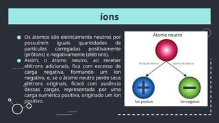 ● Os átomos são eletricamente neutros por
possuírem iguais quantidades de
partículas carregadas positivamente
(prótons) e negativamente (elétrons).
● Assim, o átomo neutro, ao receber
elétrons adicionais, fica com excesso de
carga negativa, formando um íon
negativo, e, se o átomo neutro perde seus
elétrons originais, ficará com ausência
dessas cargas, representada por uma
carga numérica positiva, originado um íon
positivo.
íons
 
