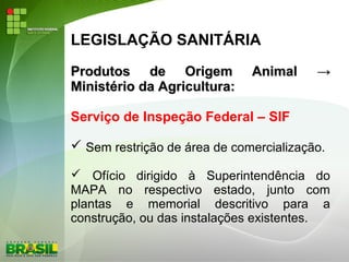 LEGISLAÇÃO SANITÁRIA
Produtos de Origem AnimalProdutos de Origem Animal →→
Ministério da Agricultura:Ministério da Agricultura:
Serviço de Inspeção Federal – SIF
 Sem restrição de área de comercialização.
 Ofício dirigido à Superintendência do
MAPA no respectivo estado, junto com
plantas e memorial descritivo para a
construção, ou das instalações existentes.
 