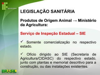 LEGISLAÇÃO SANITÁRIA
Produtos de Origem AnimalProdutos de Origem Animal →→ MinistérioMinistério
da Agricultura:da Agricultura:
Serviço de Inspeção Estadual – SIE
 Somente comercialização no respectivo
estado.
 Ofício dirigido ao SIE (Secretaria de
Agricultura/CIDASC) do respectivo estado,
junto com plantas e memorial descritivo para a
construção, ou das instalações existentes.
 