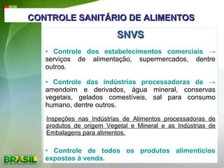 CONTROLE SANITÁRIO DE ALIMENTOSCONTROLE SANITÁRIO DE ALIMENTOS
SNVSSNVS
• Controle dos estabelecimentos comerciais →
serviços de alimentação, supermercados, dentre
outros.
• Controle das indústrias processadoras de →
amendoim e derivados, água mineral, conservas
vegetais, gelados comestíveis, sal para consumo
humano, dentre outros.
• Controle de todos os produtos alimentícios
expostos à venda.
Inspeções nas Indústrias de Alimentos processadoras de
produtos de origem Vegetal e Mineral e as Indústrias de
Embalagens para alimentos.
 