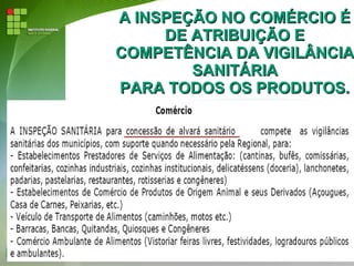 A INSPEÇÃO NO COMÉRCIO ÉA INSPEÇÃO NO COMÉRCIO É
DE ATRIBUIÇÃO EDE ATRIBUIÇÃO E
COMPETÊNCIA DA VIGILÂNCIACOMPETÊNCIA DA VIGILÂNCIA
SANITÁRIASANITÁRIA
PARA TODOS OS PRODUTOS.PARA TODOS OS PRODUTOS.
 