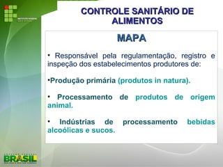 CONTROLE SANITÁRIO DECONTROLE SANITÁRIO DE
ALIMENTOSALIMENTOS
MAPAMAPA
• Responsável pela regulamentação, registro e
inspeção dos estabelecimentos produtores de:
•Produção primária (produtos in natura).
• Processamento de produtos de origem
animal.
• Indústrias de processamento bebidas
alcoólicas e sucos.
 