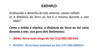EXEMPLO
Analisando o desenho da tela anterior, vamos refletir:
a) A distância da Terra ao Sol é a mesma durante o ano
todo?
Como a órbita é elíptica, a distância da Terra ao Sol varia
durante o ano. Isso gera dois fenômenos:
• Afélio: Terra mais longe do Sol (152.000.000 km)
• Periélio: Terra mais próxima ao Sol (147.000.000Km)
 