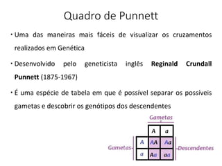 Quadro de Punnett
 Uma das maneiras mais fáceis de visualizar os cruzamentos
realizados em Genética
 Desenvolvido pelo geneticista inglês Reginald Crundall
Punnett (1875-1967)
 É uma espécie de tabela em que é possível separar os possíveis
gametas e descobrir os genótipos dos descendentes
 