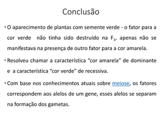 Conclusão
 O aparecimento de plantas com semente verde - o fator para a
cor verde não tinha sido destruído na F1, apenas não se
manifestava na presença de outro fator para a cor amarela.
 Resolveu chamar a característica “cor amarela” de dominante
e a característica “cor verde” de recessiva.
 Com base nos conhecimentos atuais sobre meiose, os fatores
correspondem aos alelos de um gene, esses alelos se separam
na formação dos gametas.
 