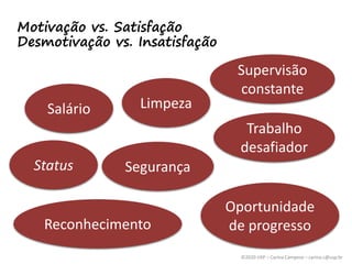 ©2020 USP – Carina Campese – carina.c@usp.br
Motivação vs. Satisfação
Desmotivação vs. Insatisfação
Salário Limpeza
Segurança
Reconhecimento
Trabalho
desafiador
Status
Oportunidade
de progresso
Supervisão
constante
 