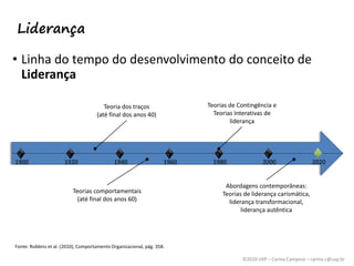 ©2020 USP – Carina Campese – carina.c@usp.br
Liderança
• Linha do tempo do desenvolvimento do conceito de
Liderança
Fonte: Robbins et al. (2010), Comportamento Organizacional, pág. 358.
Teoria dos traços
(até final dos anos 40)
1900 1920 1940 1960 1980 2000 2020
Teorias de Contingência e
Teorias Interativas de
liderança
Teorias comportamentais
(até final dos anos 60)
Abordagens contemporâneas:
Teorias de liderança carismática,
liderança transformacional,
liderança autêntica
 