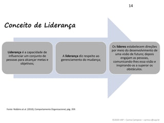 ©2020 USP – Carina Campese – carina.c@usp.br
Conceito de Liderança
Liderança é a capacidade de
influenciar um conjunto de
pessoas para alcançar metas e
objetivos;
A liderança diz respeito ao
gerenciamento do mudança;
Os líderes estabelecem direções
por meio do desenvolvimento de
uma visão de futuro; depois
engajam as pessoas,
comunicando-lhes essa visão e
inspirando-as a superar os
obstáculos.
14
Fonte: Robbins et al. (2010), Comportamento Organizacional, pág. 359.
 
