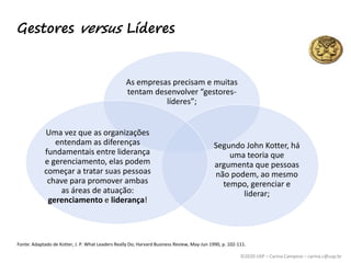 ©2020 USP – Carina Campese – carina.c@usp.br
Gestores versus Líderes
As empresas precisam e muitas
tentam desenvolver “gestores-
líderes”;
Segundo John Kotter, há
uma teoria que
argumenta que pessoas
não podem, ao mesmo
tempo, gerenciar e
liderar;
Uma vez que as organizações
entendam as diferenças
fundamentais entre liderança
e gerenciamento, elas podem
começar a tratar suas pessoas
chave para promover ambas
as áreas de atuação:
gerenciamento e liderança!
Fonte: Adaptado de Kotter, J. P. What Leaders Really Do; Harvard Business Review, May-Jun 1990, p. 102-111.
 