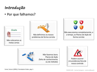 ©2020 USP – Carina Campese – carina.c@usp.br
Introdução
• Por que falhamos?
Fonte: Falconi (2009), O Verdadeiro Poder, pág. 3.
Não definimos os nossos
problemas de forma correta
Não colocamos as
metas certas
Não fazemos bons
Planos de Ação
(falta de conhecimento
ou de método)
Não executamos completamente, e
a tempo, os Planos de Ação de
forma correta
Podem ocorrer
circunstâncias fora de
nosso controle
 
