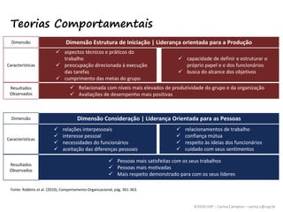 ©2020 USP – Carina Campese – carina.c@usp.br
Teorias Comportamentais
Fonte: Robbins et al. (2010), Comportamento Organizacional, pág. 361-363.
 relações interpessoais
 interesse pessoal
 necessidades do funcionários
 aceitação das diferenças pessoais
 relacionamentos de trabalho
 confiança mútua
 respeito às ideias dos funcionários
 cuidado com seus sentimentos
Dimensão Consideração | Liderança Orientada para as Pessoas
 aspectos técnicos e práticos do
trabalho
 preocupação direcionada à execução
das tarefas
 cumprimento das metas do grupo
 capacidade de definir e estruturar o
próprio papel e o dos funcionários
 busca do alcance dos objetivos
Dimensão Estrutura de Iniciação | Liderança orientada para a Produção
 Pessoas mais satisfeitas com os seus trabalhos
 Pessoas mais motivadas
 Mais respeito demonstrado para com os seus líderes
 Relacionada com níveis mais elevados de produtividade do grupo e da organização
 Avaliações de desempenho mais positivas
Características
Resultados
Observados
Características
Resultados
Observados
Dimensão
Dimensão
 