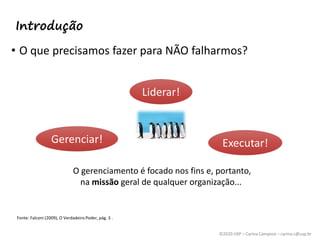 ©2020 USP – Carina Campese – carina.c@usp.br
Introdução
• O que precisamos fazer para NÃO falharmos?
Fonte: Falconi (2009), O Verdadeiro Poder, pág. 3 .
Gerenciar!
Liderar!
Executar!
O gerenciamento é focado nos fins e, portanto,
na missão geral de qualquer organização...
 
