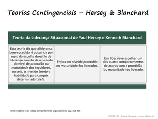 ©2020 USP – Carina Campese – carina.c@usp.br
Teorias Contingenciais – Hersey & Blanchard
Teoria da Liderança Situacional de Paul Hersey e Kenneth Blanchard
Esta teoria diz que a liderança
bem-sucedida é adquirida por
meio da escolha do estilo de
liderança correto dependendo
do nível de prontidão ou
maturidade dos seguidores,
ou seja, o nível de desejo e
habilidade para cumprir
determinada tarefa.
Enfoca no nível de prontidão
ou maturidade dos liderados.
Um líder deve escolher um
dos quatro comportamentos
de acordo com a prontidão
(ou maturidade) do liderado.
Fonte: Robbins et al. (2010), Comportamento Organizacional, pág. 363-368.
 