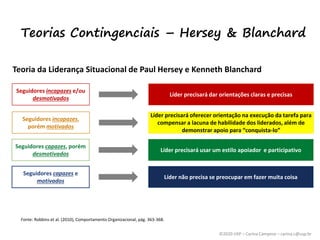 ©2020 USP – Carina Campese – carina.c@usp.br
Teorias Contingenciais – Hersey & Blanchard
Fonte: Robbins et al. (2010), Comportamento Organizacional, pág. 363-368.
Teoria da Liderança Situacional de Paul Hersey e Kenneth Blanchard
Seguidores incapazes e/ou
desmotivados
Líder precisará dar orientações claras e precisas
Seguidores incapazes,
porém motivados
Líder precisará oferecer orientação na execução da tarefa para
compensar a lacuna de habilidade dos liderados, além de
demonstrar apoio para “conquista-lo”
Seguidores capazes, porém
desmotivados
Líder precisará usar um estilo apoiador e participativo
Seguidores capazes e
motivados
Líder não precisa se preocupar em fazer muita coisa
 