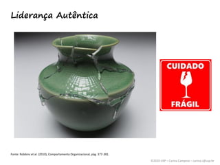 ©2020 USP – Carina Campese – carina.c@usp.br
Fonte: Robbins et al. (2010), Comportamento Organizacional, pág. 377-381.
Liderança Autêntica
 