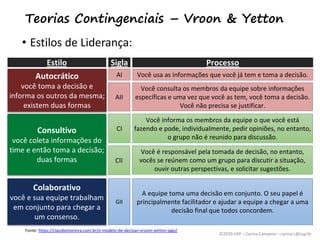 ©2020 USP – Carina Campese – carina.c@usp.br
Teorias Contingenciais – Vroon & Yetton
• Estilos de Liderança:
Fonte: https:...