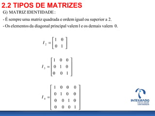 











=










=






=
1000
0100
0010
0001
100
010
001
10
01
0.valemdemaisose1valemprincipaldiagonaldaelementosOs-
2.asuperiorouigualordemequadradamatrizumasempreÉ-
:IDENTIDADEMATRIZG)
4
3
2
I
I
I
2.2 TIPOS DE MATRIZES
 