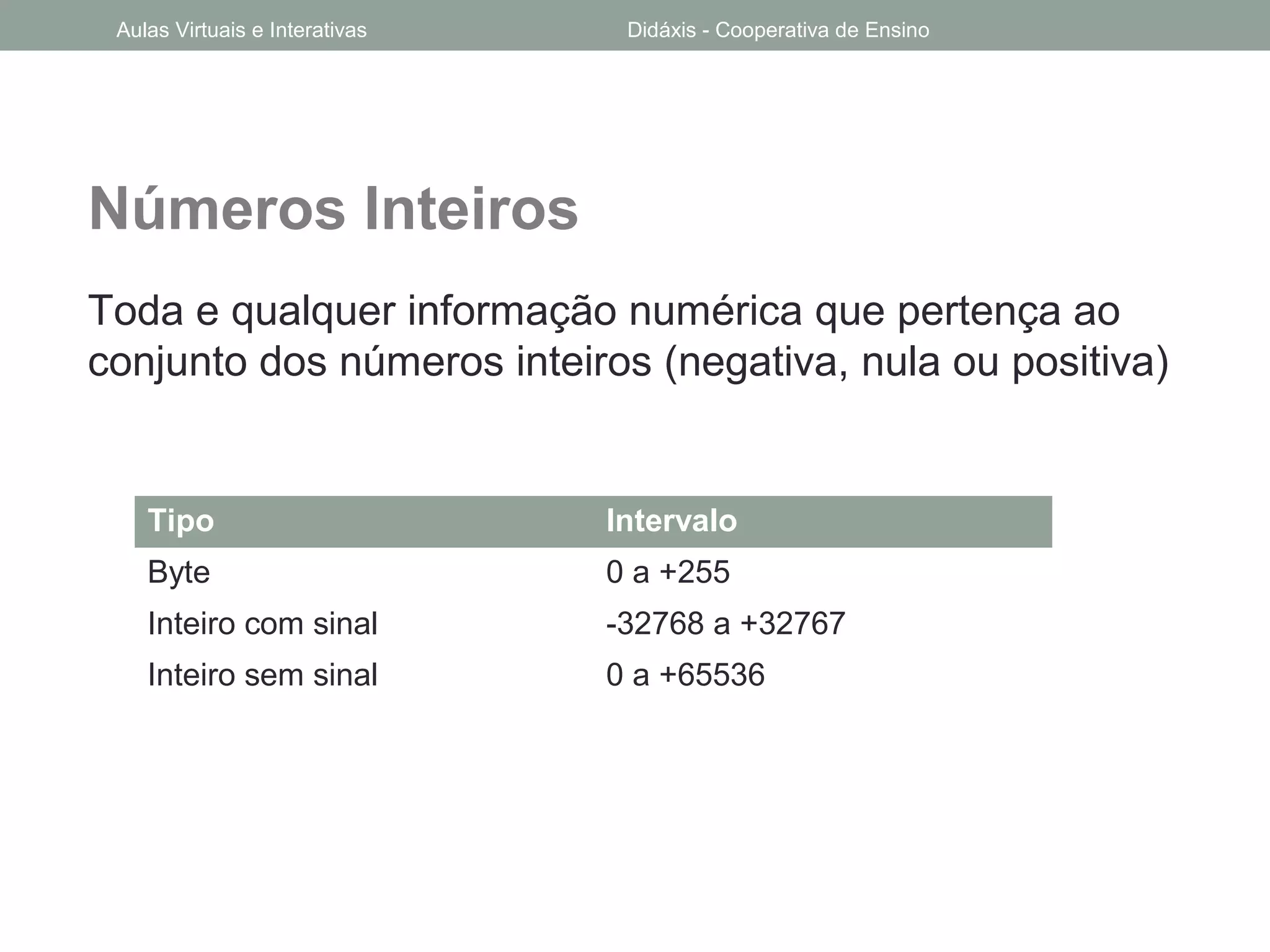 Números Inteiros
Toda e qualquer informação numérica que pertença ao
conjunto dos números inteiros (negativa, nula ou positiva)
Tipo Intervalo
Byte 0 a +255
Inteiro com sinal -32768 a +32767
Inteiro sem sinal 0 a +65536
Aulas Virtuais e Interativas Didáxis - Cooperativa de Ensino
 