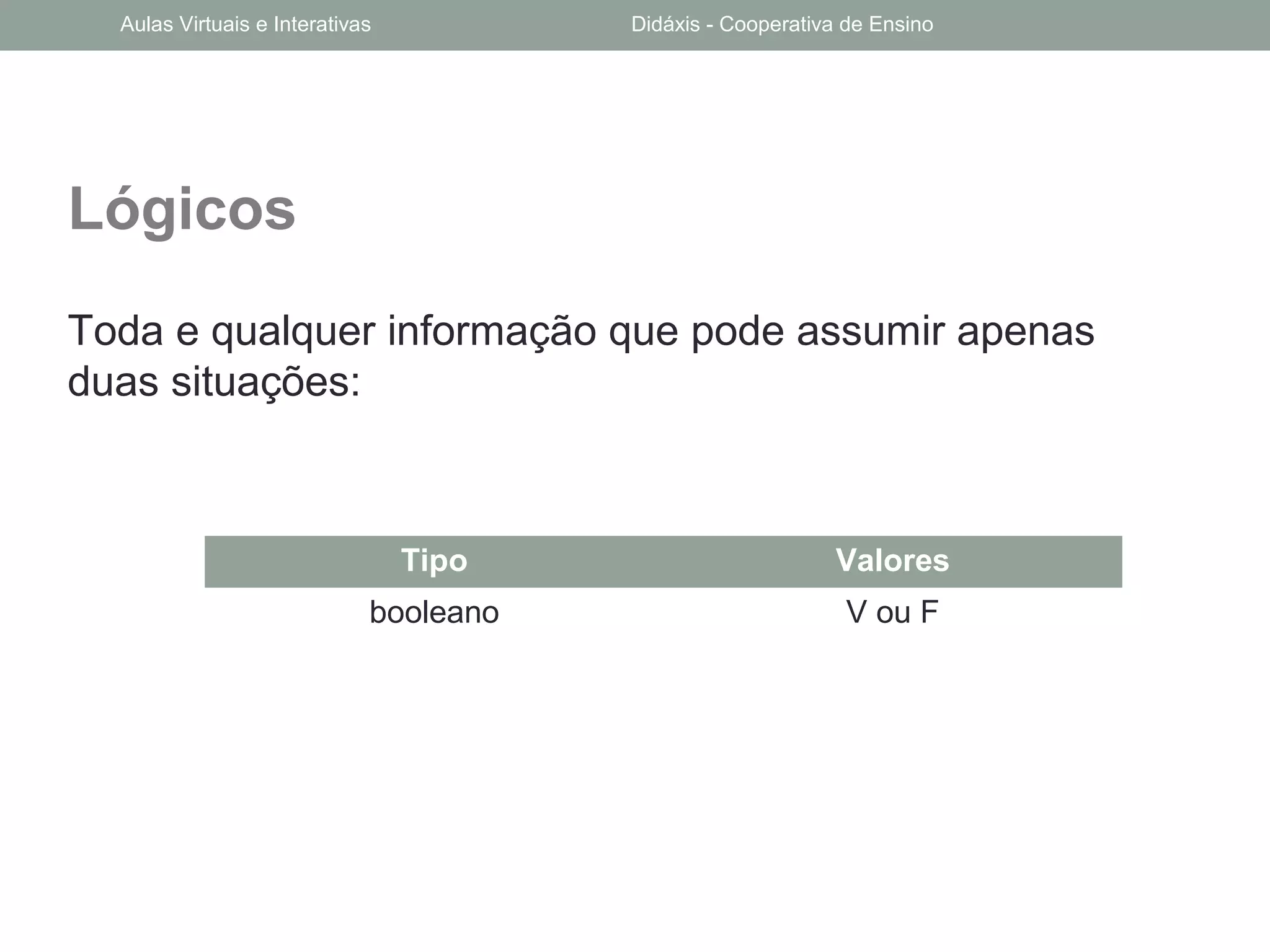 Lógicos
Toda e qualquer informação que pode assumir apenas
duas situações:
Tipo Valores
booleano V ou F
Aulas Virtuais e Interativas Didáxis - Cooperativa de Ensino
 