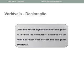 Variáveis - Declaração
Criar uma variável significa reservar uma gaveta
na memória do computador atribuindo-lhe um
nome e escolher o tipo de dado que esta gaveta
armazenará.
Aulas Virtuais e Interativas Didáxis - Cooperativa de Ensino
 