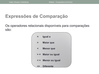 Expressões de Comparação
Os operadores relacionais disponíveis para comparações
são:
= Igual a
> Maior que
< Menor que
> = Maior ou igual
< = Menor ou igual
<> Diferente
Aulas Virtuais e Interativas Didáxis - Cooperativa de Ensino
 