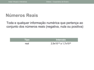 Números Reais
Toda e qualquer informação numérica que pertença ao
conjunto dos números reais (negativa, nula ou positiva)
Tipo Intervalo
real 2,9x10-38
a 1,7x1038
Aulas Virtuais e Interativas Didáxis - Cooperativa de Ensino
 