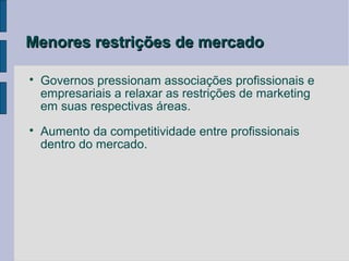 Menores restrições de mercado


    Governos pressionam associações profissionais e
    empresariais a relaxar as restrições de marketing
    em suas respectivas áreas.

    Aumento da competitividade entre profissionais
    dentro do mercado.
 