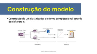 • Construção de um classificador de forma computacional através
do software R:
Tabela de Análise
70%
30%
Treinamento
Teste
Algoritmos de Classificação
Métricas de Validação
Comparação de
classificadores
Modelagem Validação
Construção do modelo
Prof. Dr. Rodrigo Lins Rodrigues
 