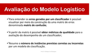 Avaliação do Modelo Logístico
Para entender os erros gerados por um classificador é possível
visualizar por meio da construção da uma matriz de erros
denominada matriz de confusão;
A partir da matriz é possível obter métricas de qualidade para a
avaliação do desempenho de um classificador;
Resume o número de instâncias previstas corretas ou incorretas
por um modelo de classificação.
Prof. Dr. Rodrigo Lins Rodrigues
 
