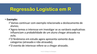 Regressão Logística em R
• Exemplo:
Vamos continuar com exemplo relacionado a deslocamento de
alunos;
Agora temos o interesse em investigar se as variáveis explicativas
influenciam a probabilidade de um aluno chegar atrasado na
aula;
O fenômeno em estudo agora apresenta somente duas
categorias (atrasado e não atrasado);
O evento de interesse refere-se a chegar atrasado.
Prof. Dr. Rodrigo Lins Rodrigues
 