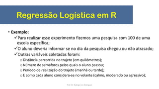 Regressão Logística em R
• Exemplo:
Para realizar esse experimento fizemos uma pesquisa com 100 de uma
escola específica;
O aluno deveria informar se no dia da pesquisa chegou ou não atrasado;
Outras variáveis coletadas foram:
oDistância percorrida no trajeto (em quilómetros);
oNúmero de semáforos pelos quais o aluno passou;
oPeríodo de realização do trajeto (manhã ou tarde);
oE como cada aluno considera-se no volante (calmo, moderado ou agressivo);
Prof. Dr. Rodrigo Lins Rodrigues
 