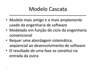 Modelo Cascata
• Modelo mais antigo e o mais amplamente
usado da engenharia de software
• Modelado em função do ciclo da engenharia
convencional
• Requer uma abordagem sistemática,
seqüencial ao desenvolvimento de software
• O resultado de uma fase se constitui na
entrada da outra
7
 